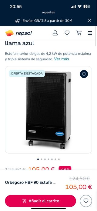 Estufa de gas Llama Azul Orbegozo 90