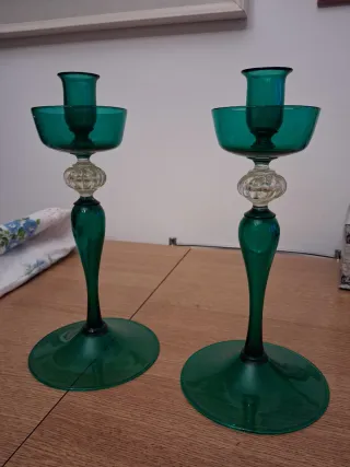Coppia Candelabri Vetro Murano Verde