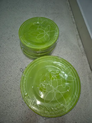 Vajilla Plástico Verde Diseño Floral