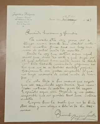 Carta Comercial Joaquín Graells Joyero Fabricante