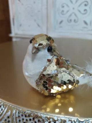 Pájaro Navidad Clip Dorado/ Blanco con lentejuelas