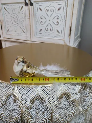 Pájaro Navidad Clip Dorado/ Blanco con lentejuelas