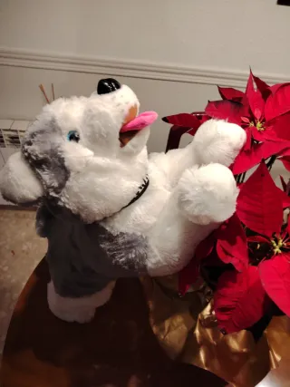 Peluche perro grande gris y blanco