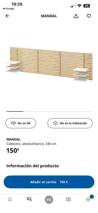 MANDAL Cabecero abedul/blanco 240 cm