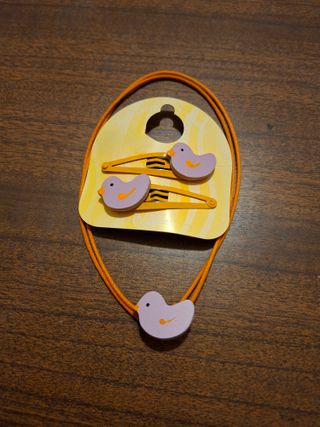 Lote pinzas pelo + colgante pájaro morado