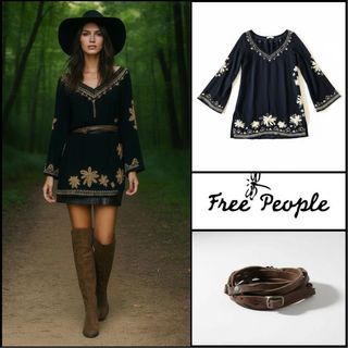 Vestido negro boho con cinturón piel