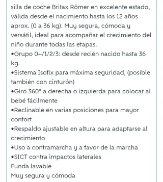 Silla coche britax römer Isofix 0-13 kilos girator