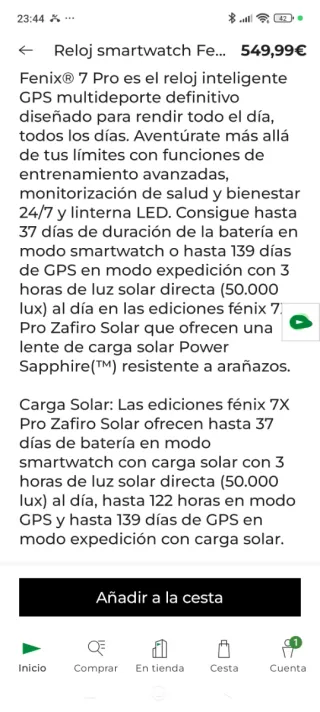 Reloj Garmin Fenix 7 Pro Sapphire Solar Negro