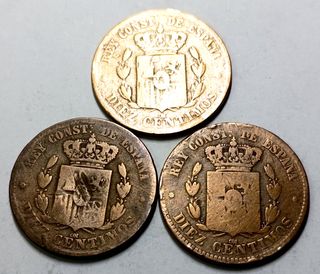 Lote 3 monedas 10 céntimos Alfonso XII 1877-1879