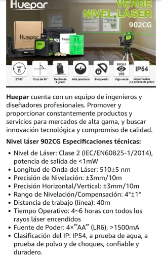 Huepar 902C Nivel Láser 2X360 Verde 40m