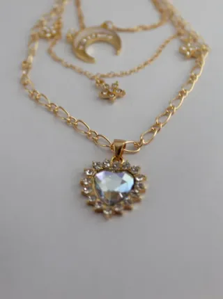 Collana 3 strati con ciondoli a cuore, luna e fior