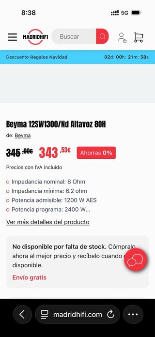 Altavoz Beyma 12 (4 unidades) 12sw1300nd PRECIO Ud
