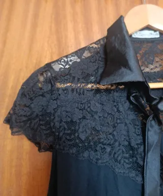 Camiseta Negra Cortefiel Encaje y Lazo T. XL (SG)