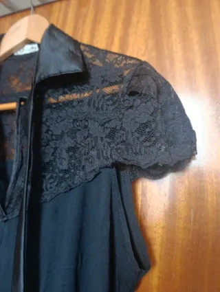 Camiseta Negra Cortefiel Encaje y Lazo T. XL (SG)