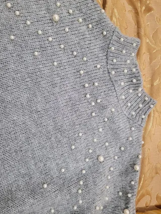 Maglione lungo grigio con perle
