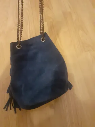 Borsa blu in pelle con frange