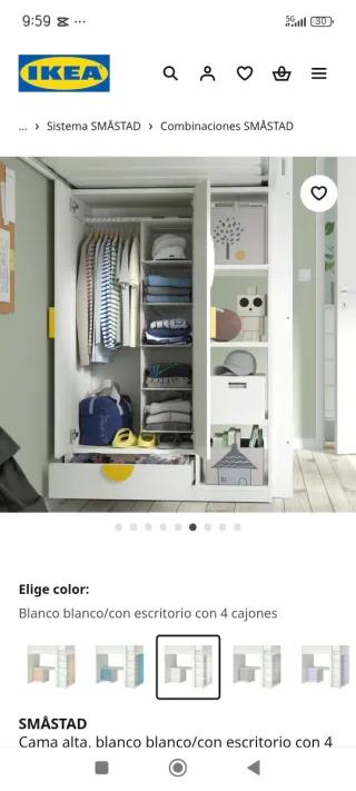 Cama alta IKEA SMÅSTAD con escritorio y armario