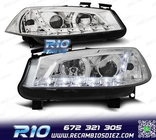 FAROS RENAULT MEGANE 02-05 LUZ DIURNA LED FONDO CROMO