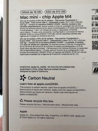 Mac Mini M4 512 GB. Se entrega con su caja