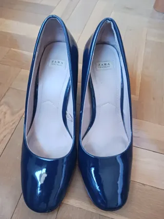 Zapatos Zara Salón Tacon Ancho Azul Talla 38