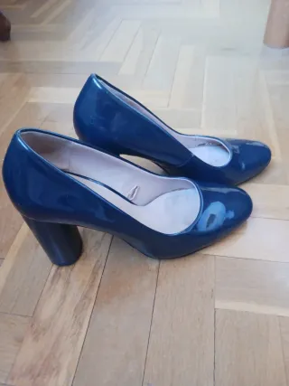 Zapatos Zara Salón Tacon Ancho Azul Talla 38