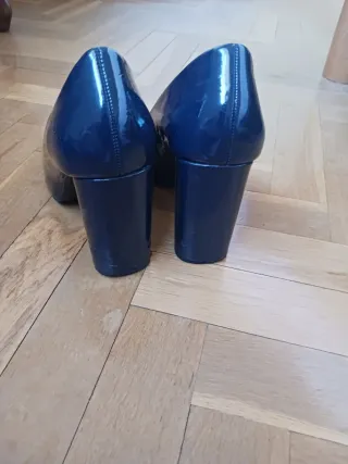 Zapatos Zara Salón Tacon Ancho Azul Talla 38