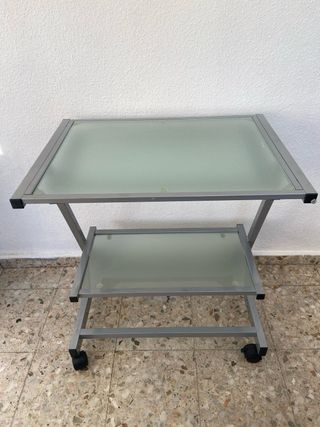 Tavolo da computer in vetro temperato, 3 ripiani e ruote