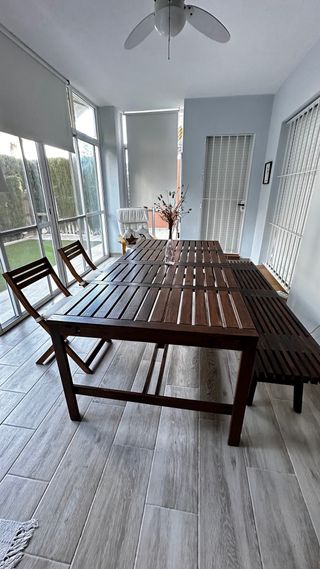 Mesa Teka + 4 Sillas + Banco Marrón