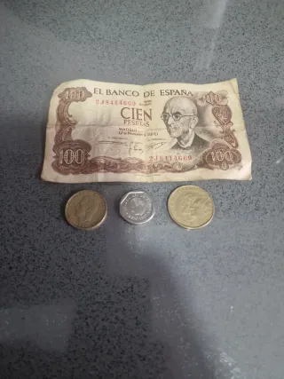 Billete 100 pesetas 1970 y 3 monedas