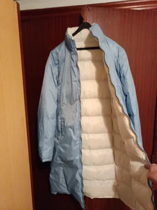 Chaqueta larga mujer azul y blanca