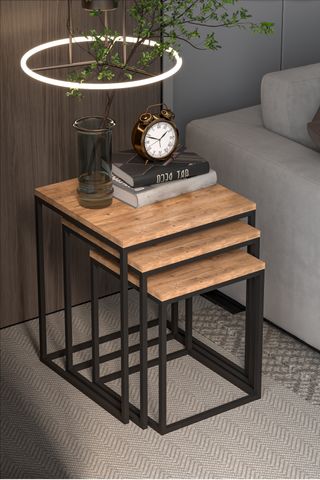 Juego 3 Mesas Nido Madera Natural y Metal