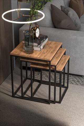 Juego 3 Mesas Nido Madera Natural y Metal