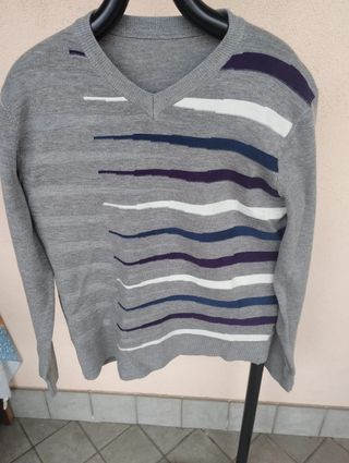 Maglione uomo grigio righe colorate taglia L