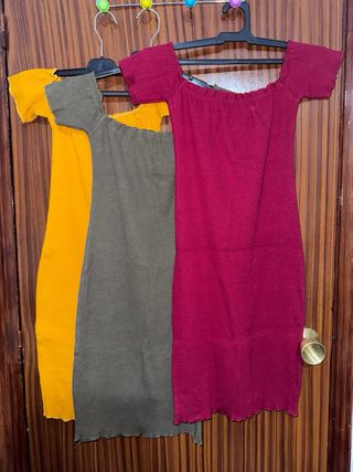 3 Vestidos ajustados amarillo verde burdeos