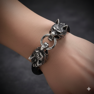 Pulsera Vikinga Lobos Cuero Sintético 23cm