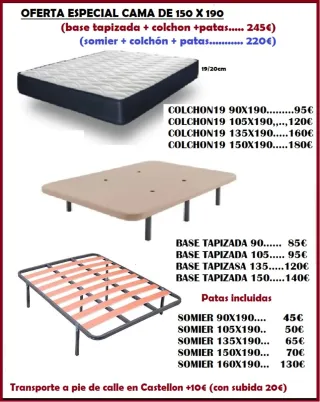 Cama 150x190 Base Tapizada + Colchón
