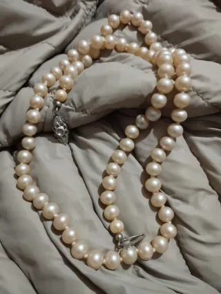 Collana perle vintage color beige e argento