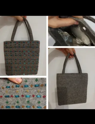 Bolso mano gris interior de raso abalorios Nuevo