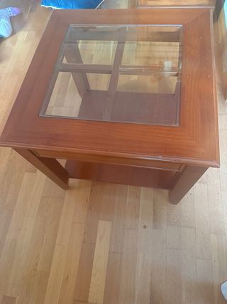 Mesita rústica auxiliar madera y cristal