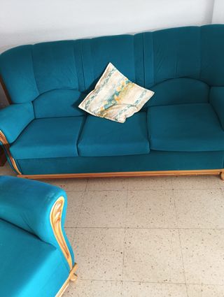 Sofá 3 plazas y 2 sillones tela madera