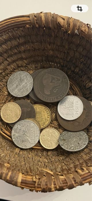 Cesta con 15 monedas antiguas