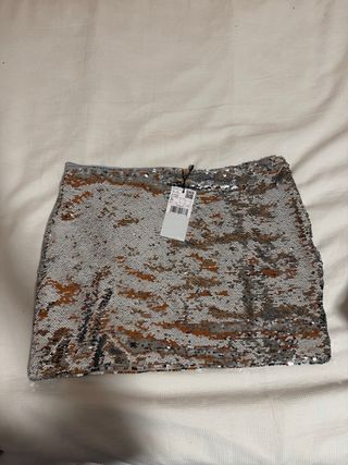 Falda lentejuelas naranja y plateada Talla M