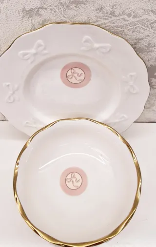 Bol y plato con lazos y filo dorado cerámica