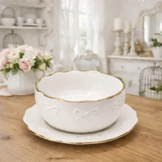 Bol y plato con lazos y filo dorado cerámica