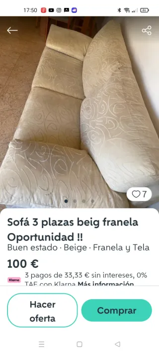 Sofá 3 plazas beige moderno y elegante