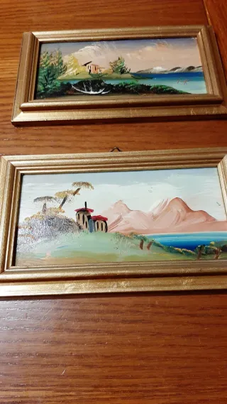 Coppia quadretti paesaggio, cornice oro