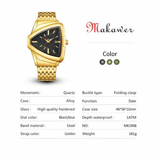 Reloj Makawer de Lujo Dorado Triangular. GARANTIA