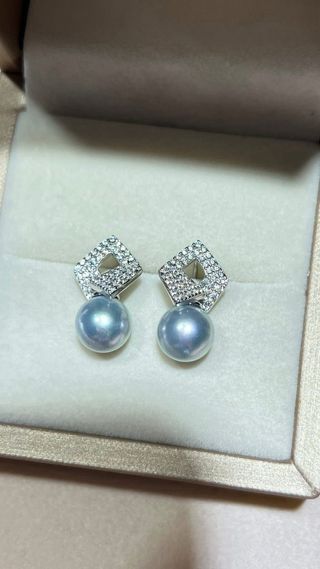 Pendientes Perla Akoya 8mm Gris Azulado Plata