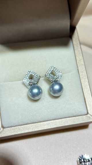 Pendientes Perla Akoya 8mm Gris Azulado Plata