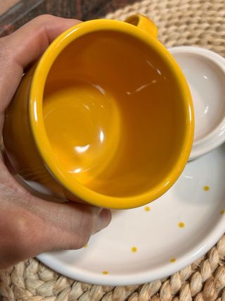 Taza infusión de porcelana, plato, colador y tapa